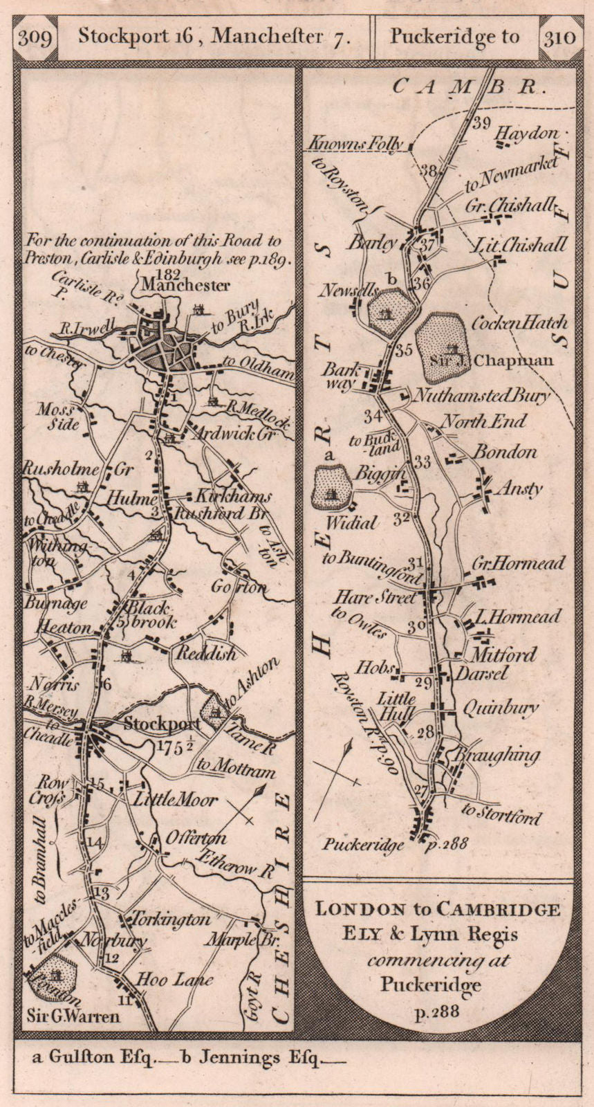 Stockport-Manchester. Puckeridge-Barley road strip map PATERSON 1803 old